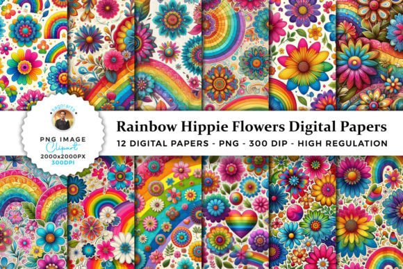 Download Rainbow Hippie Flowers Digital Papers - Rainbow Collection
